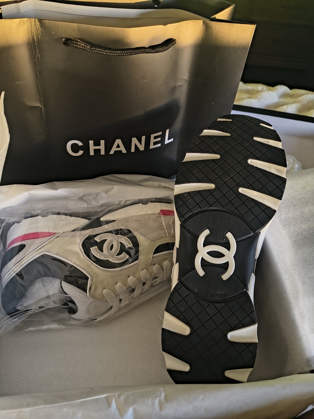Chanel Cream & Black Low-Top Logo Sneakers - Picture 6 of 10